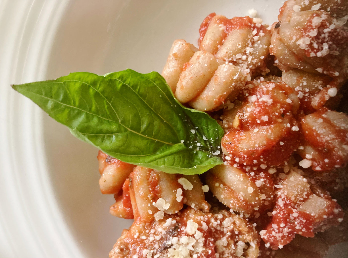 Closeup photo of Foggy Mountain Pasta with a red sauce and a large basil leaf
