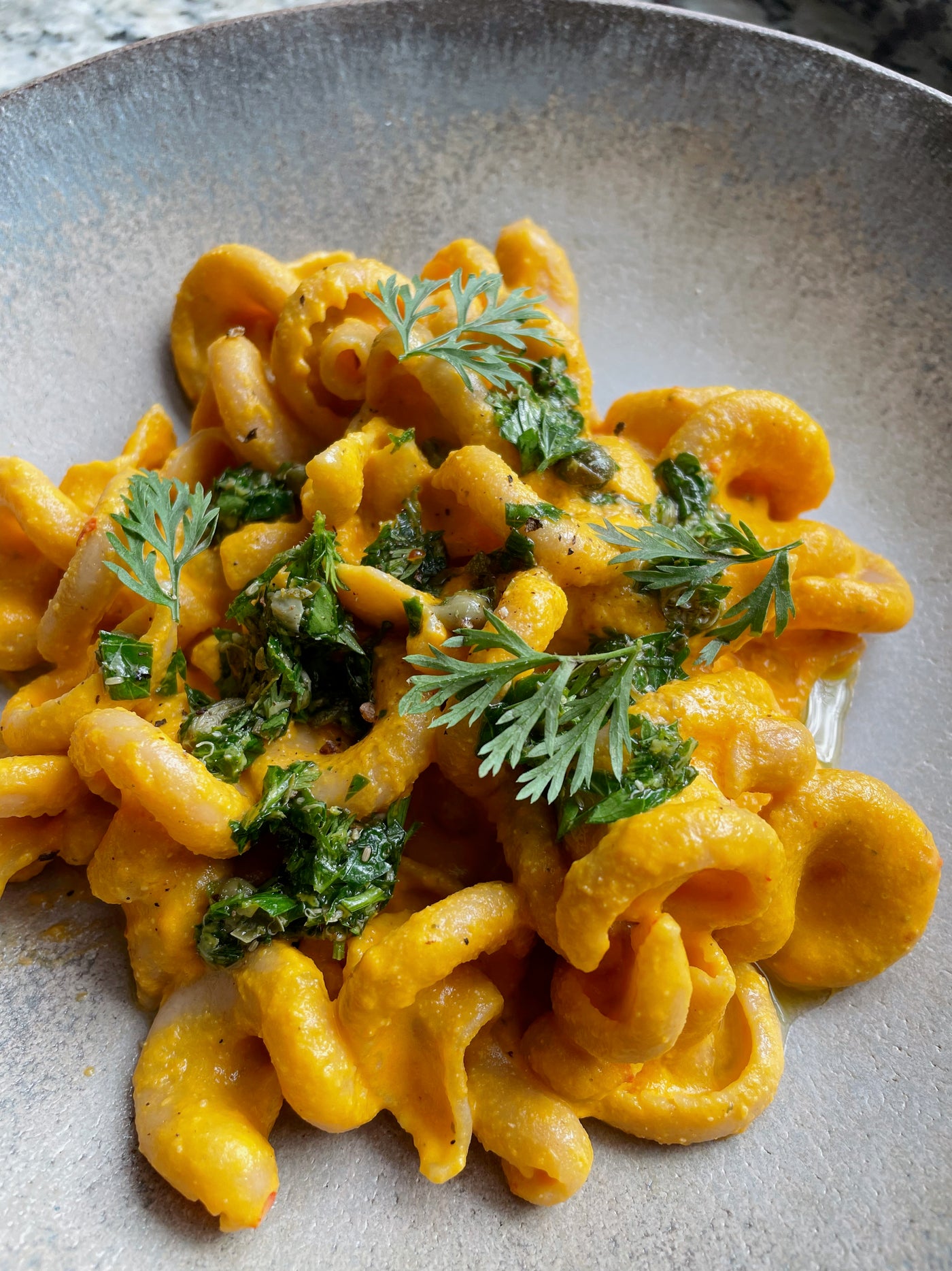 Spicy Carrot Pasta with Salsa Verde